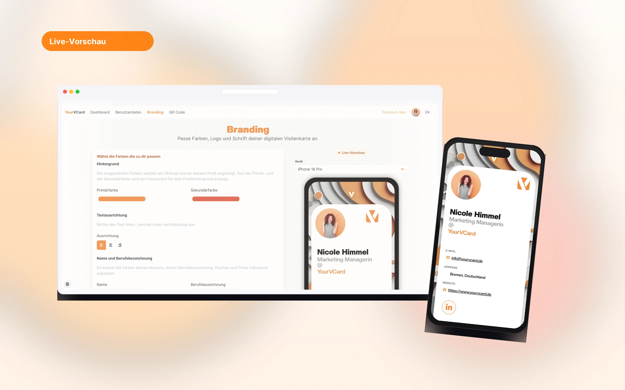 Live-Vorschau beim Branding auf Desktop und Smartphone in YourVCard