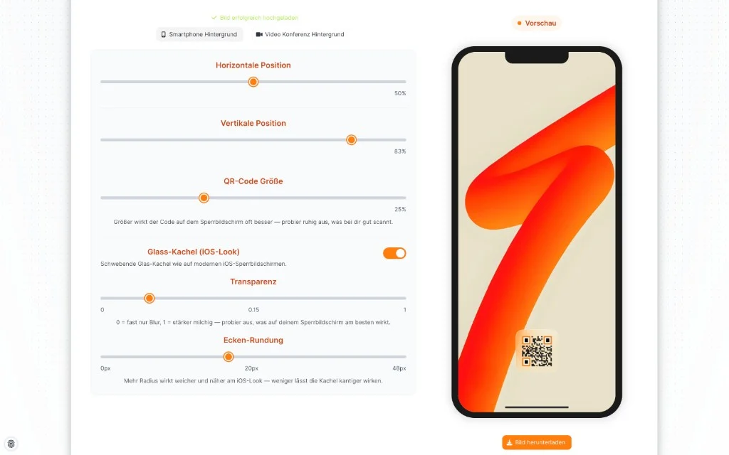 QR-Hintergrund-Editor mit Live-Vorschau und Glass-Kachel in YourVCard