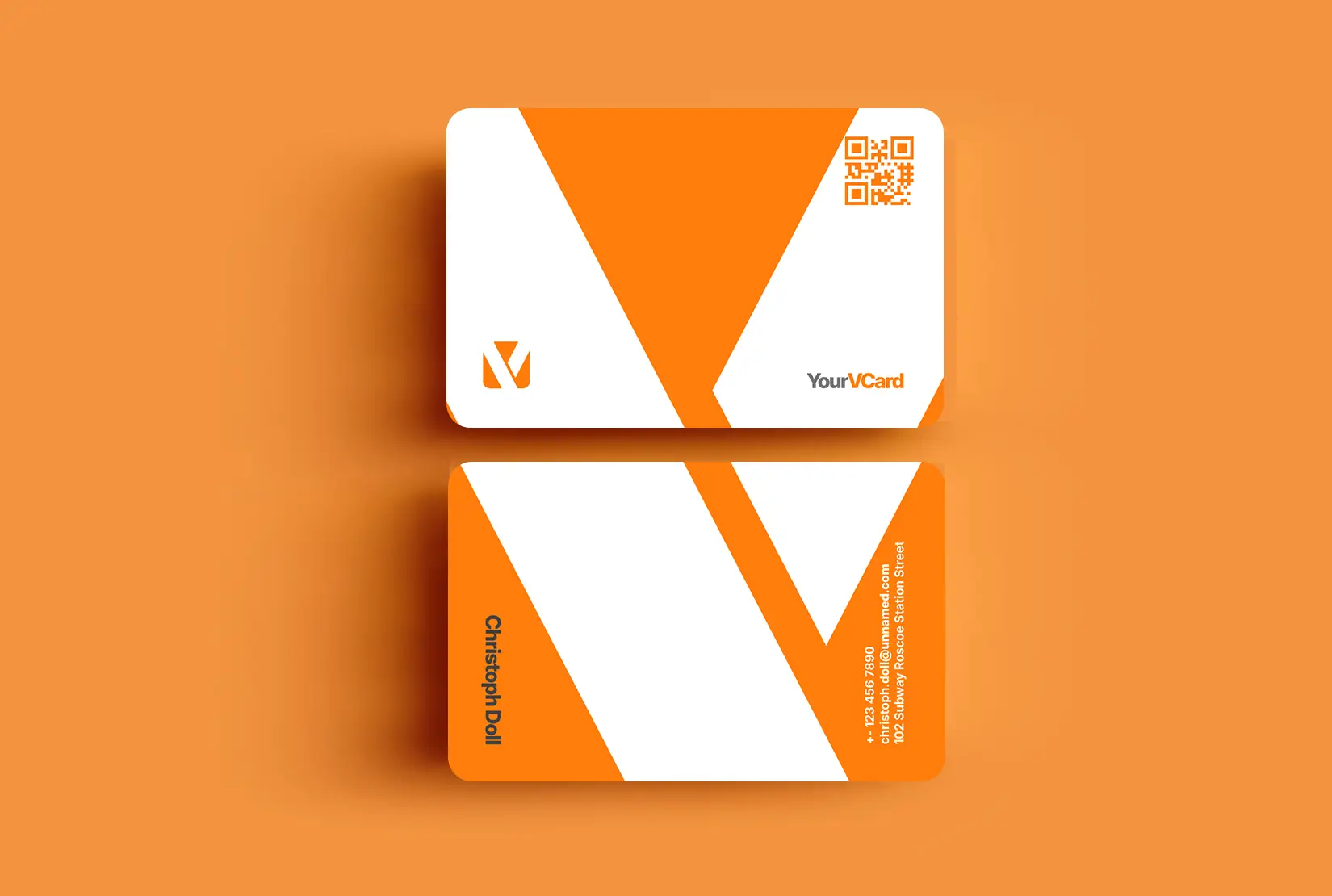 Moderne digitale Visitenkarte mit QR-Code, orangem Y-Design und Personendaten – Beispielkarte von yourvcard.